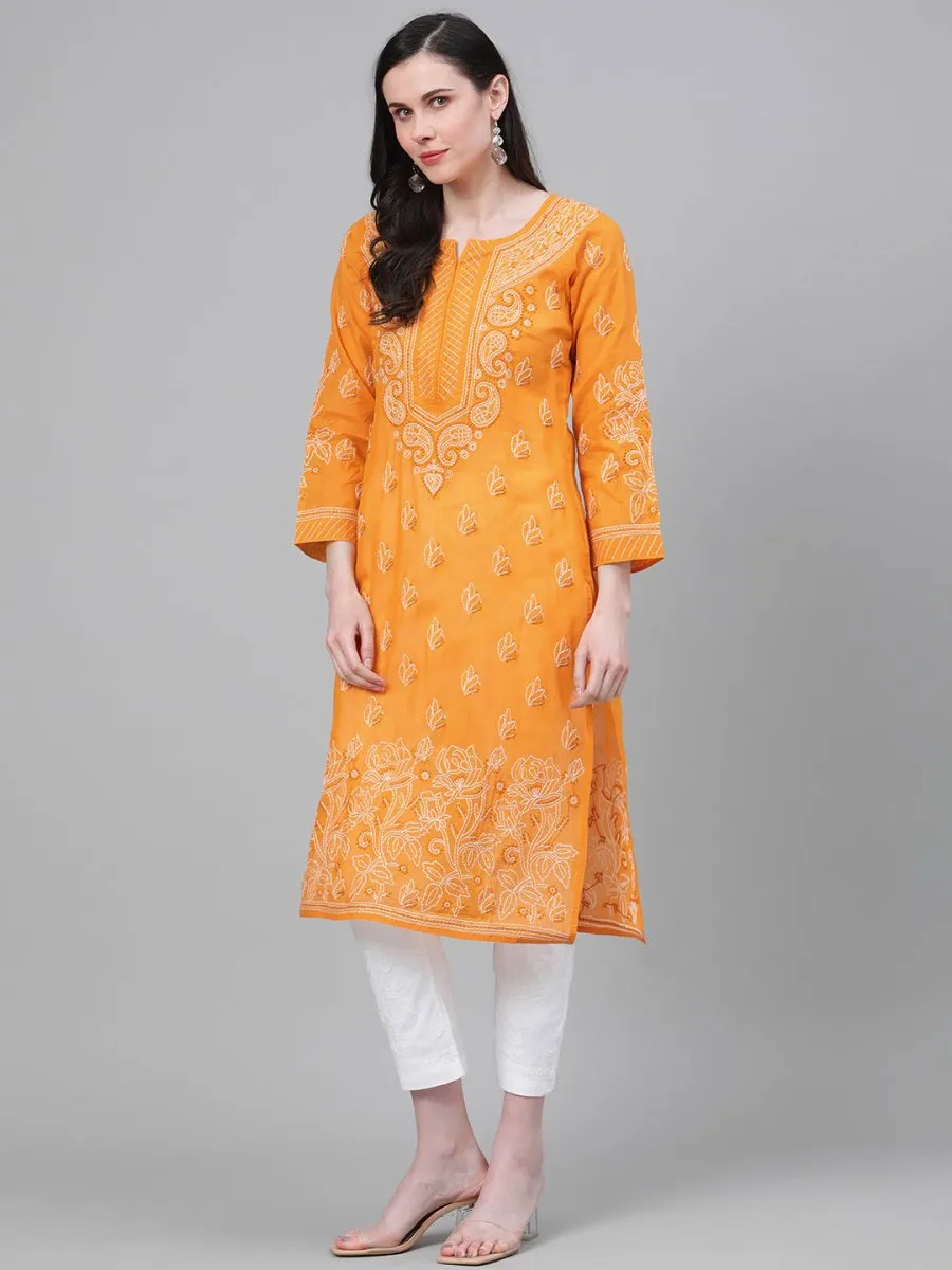 ADA Women Mustard Yellow & White Chikankari Embroidered Cotton Sustainable Handloom Kurta with Palazzos