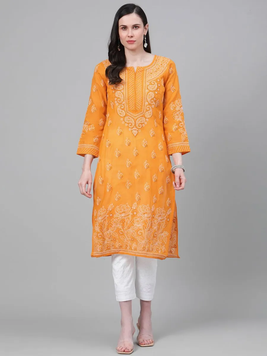 ADA Women Mustard Yellow & White Chikankari Embroidered Cotton Sustainable Handloom Kurta with Palazzos