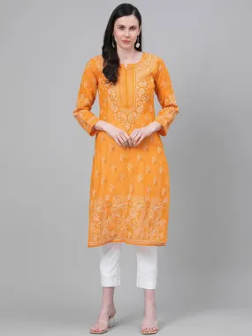 ADA Women Mustard Yellow & White Chikankari Embroidered Cotton Sustainable Handloom Kurta with Palazzos