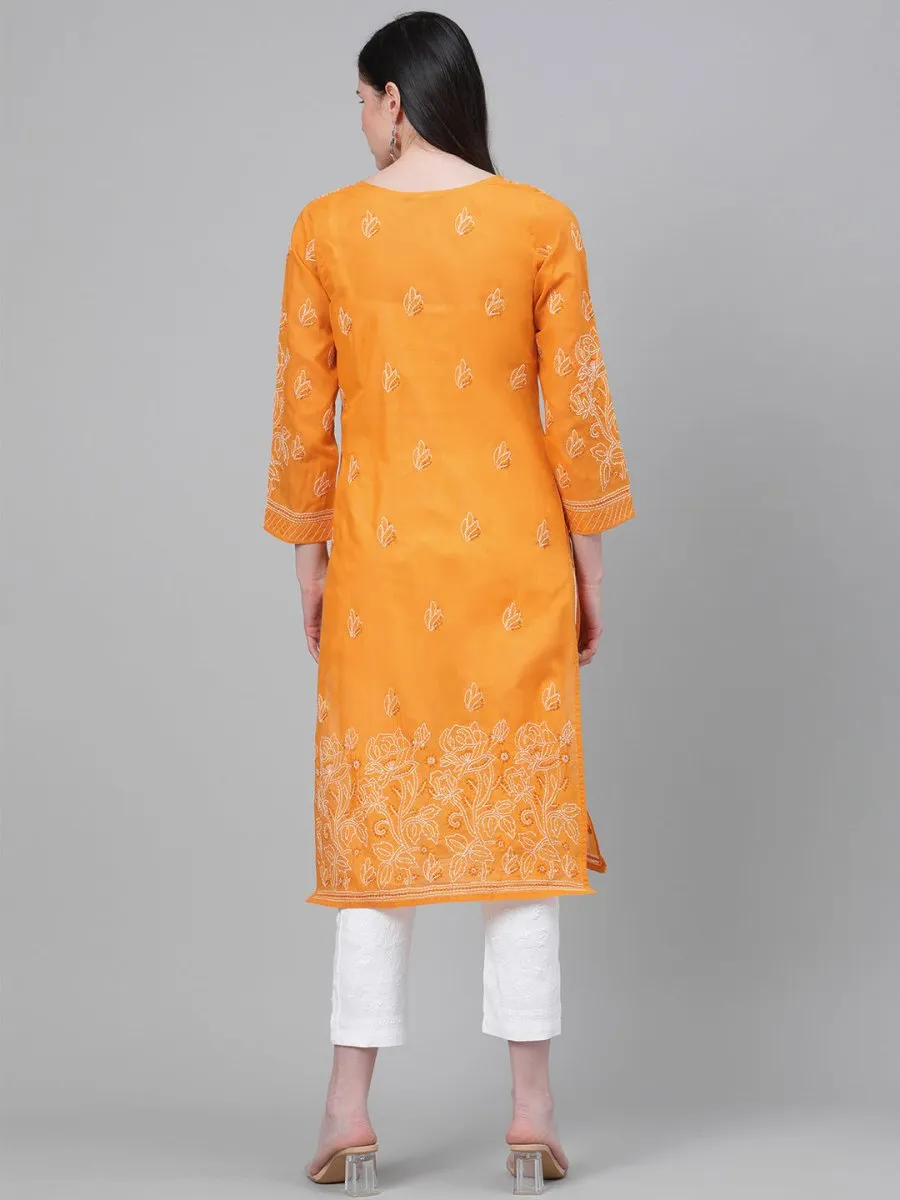 ADA Women Mustard Yellow & White Chikankari Embroidered Cotton Sustainable Handloom Kurta with Palazzos