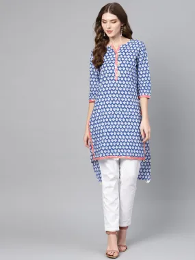 Ahalyaa Women Blue & White Printed High-Low Straight Kurta