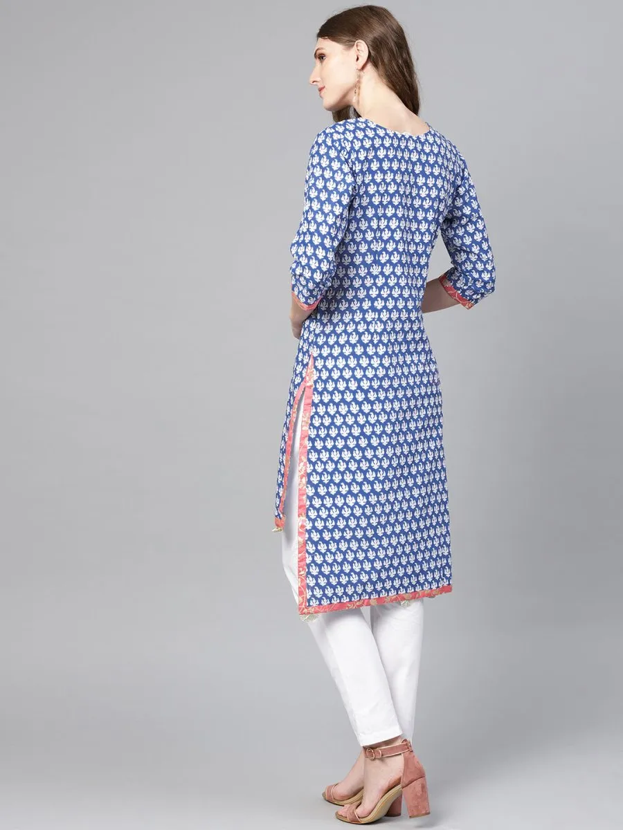 Ahalyaa Women Blue & White Printed High-Low Straight Kurta