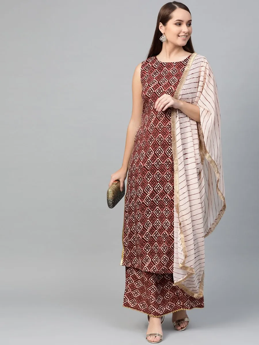 Ahalyaa Women Maroon & Off-White Printed Kurta with Palazzos & Dupatta