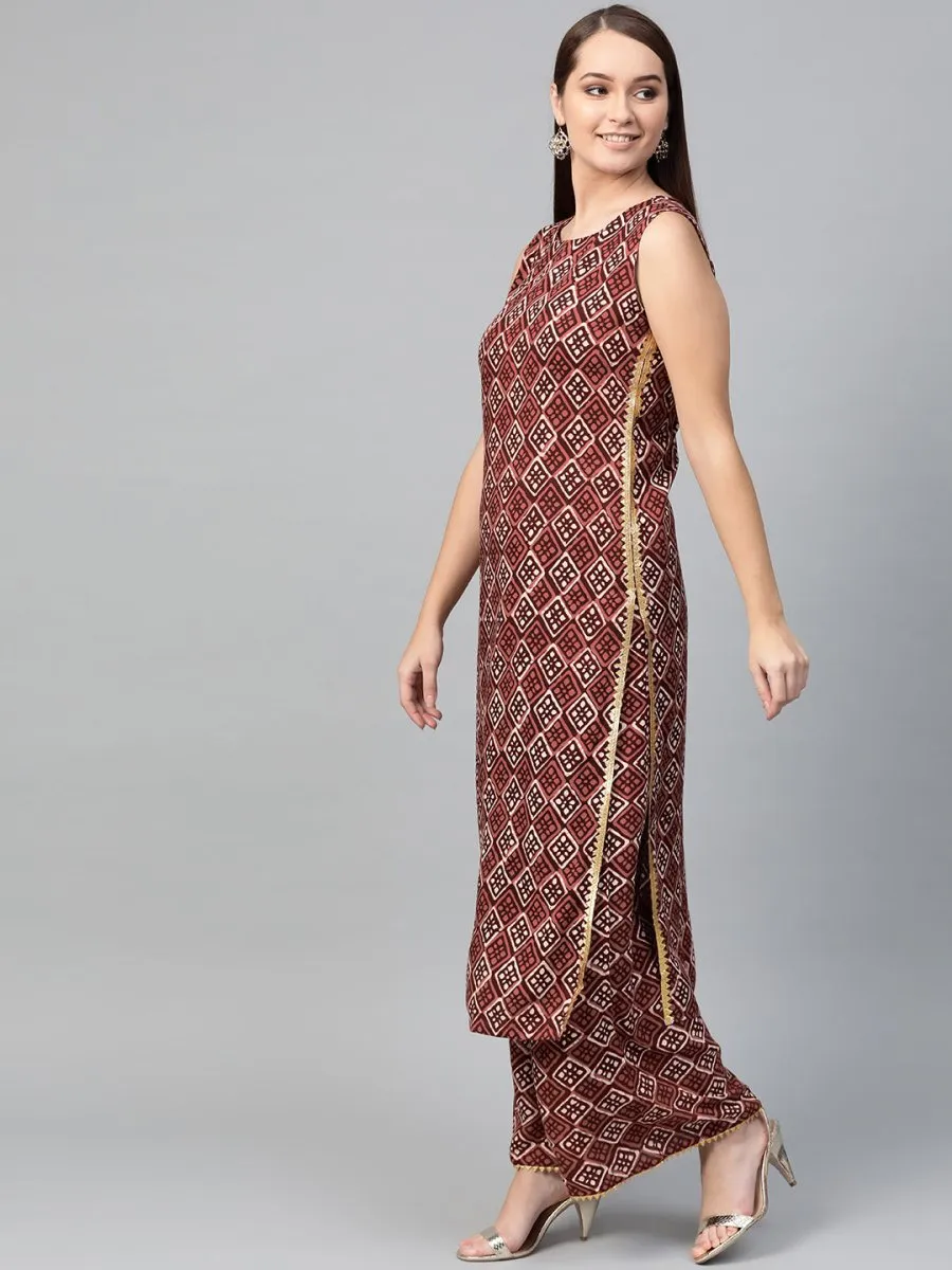 Ahalyaa Women Maroon & Off-White Printed Kurta with Palazzos & Dupatta