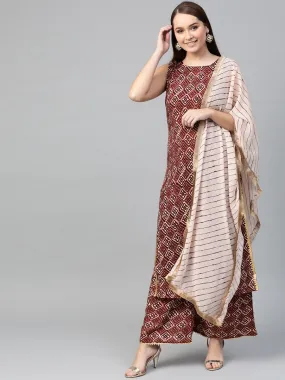 Ahalyaa Women Maroon & Off-White Printed Kurta with Palazzos & Dupatta