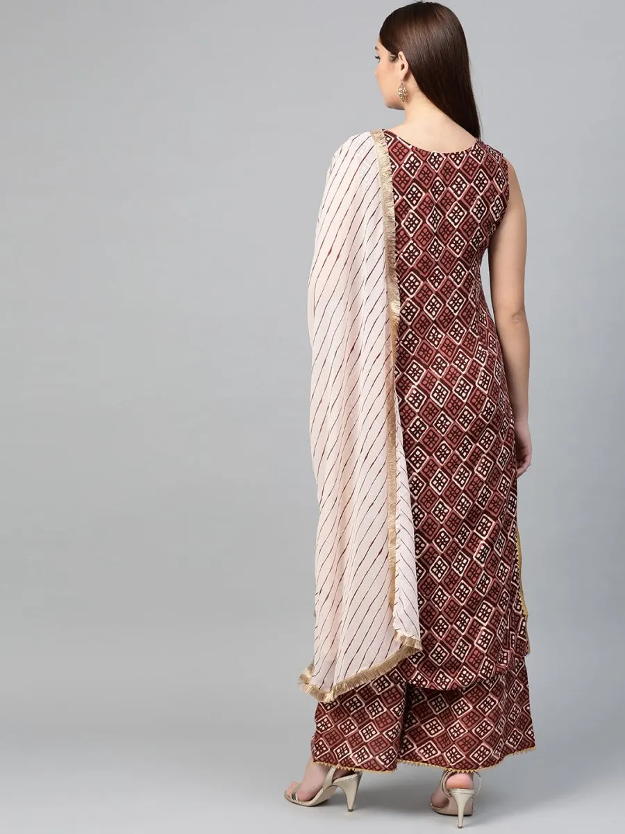 Ahalyaa Women Maroon & Off-White Printed Kurta with Palazzos & Dupatta