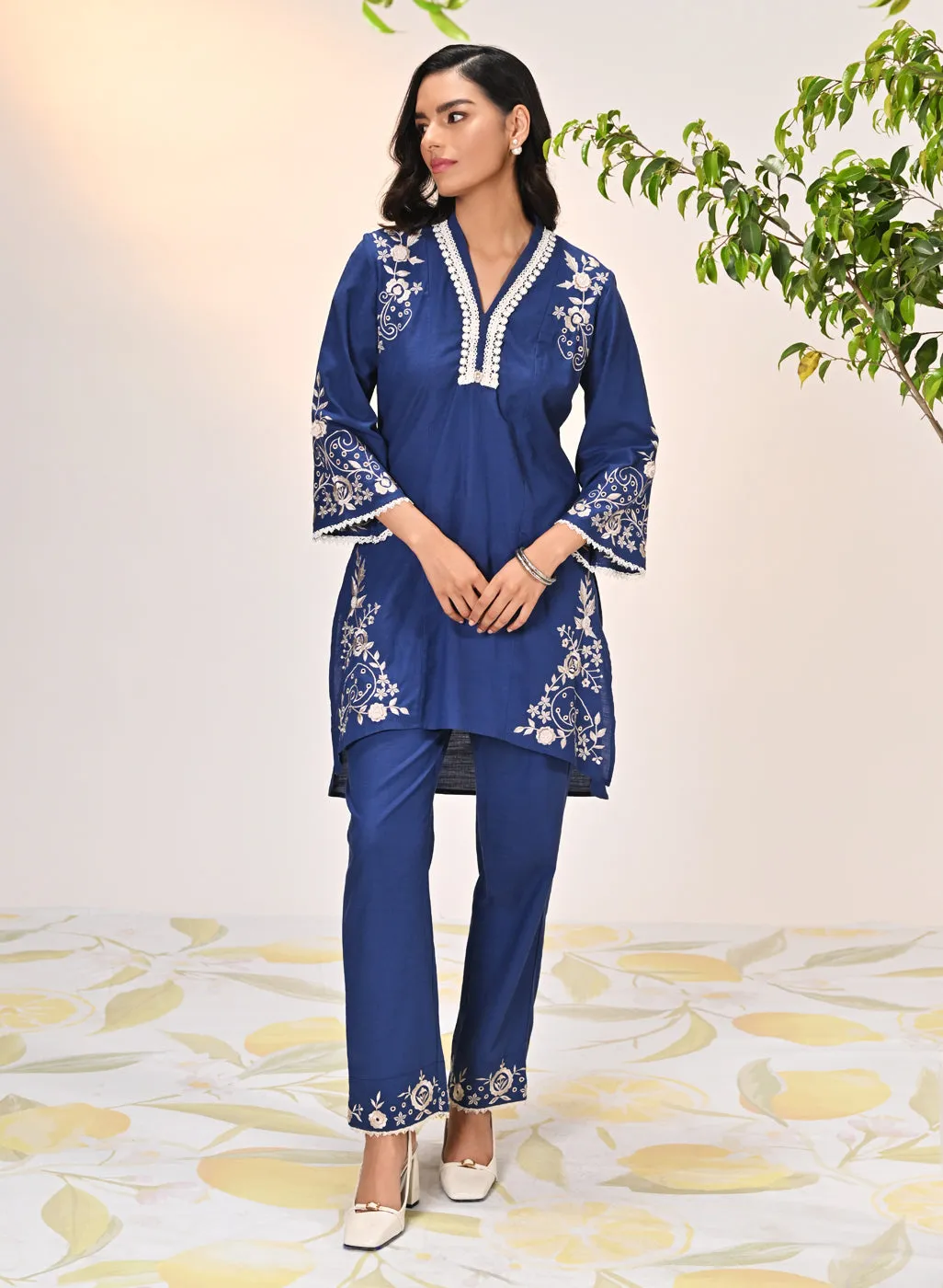 Aira Indigo Embroidered Cotton Linen Co-ord Set for Women