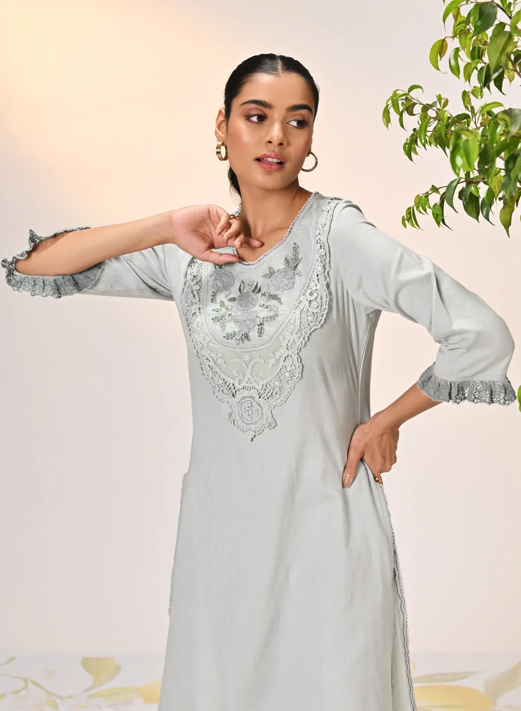 Amara Blue Mist Embroidered Cotton Kurta Set for Women