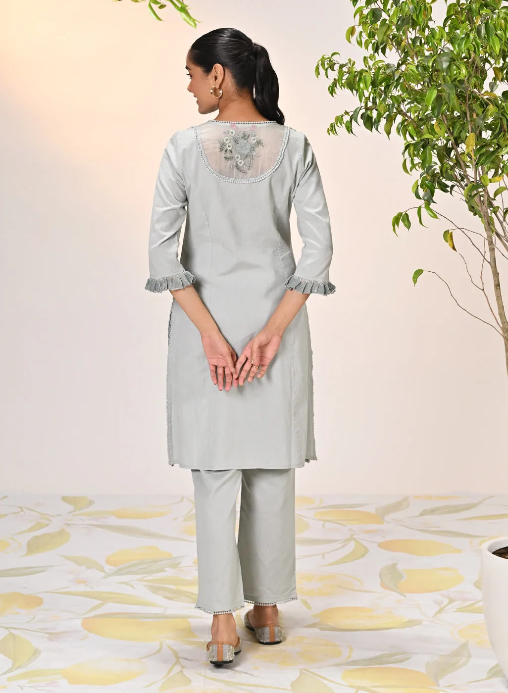 Amara Blue Mist Embroidered Cotton Kurta Set for Women