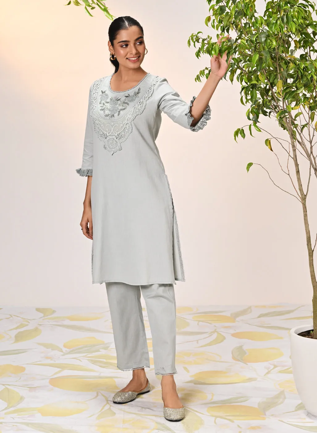 Amara Blue Mist Embroidered Cotton Kurta Set for Women