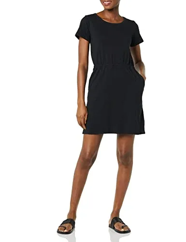 Amazon Essentials Women's Short Sleeve Elastic Waist Cotton Jersey Minidress, Black, X-Small