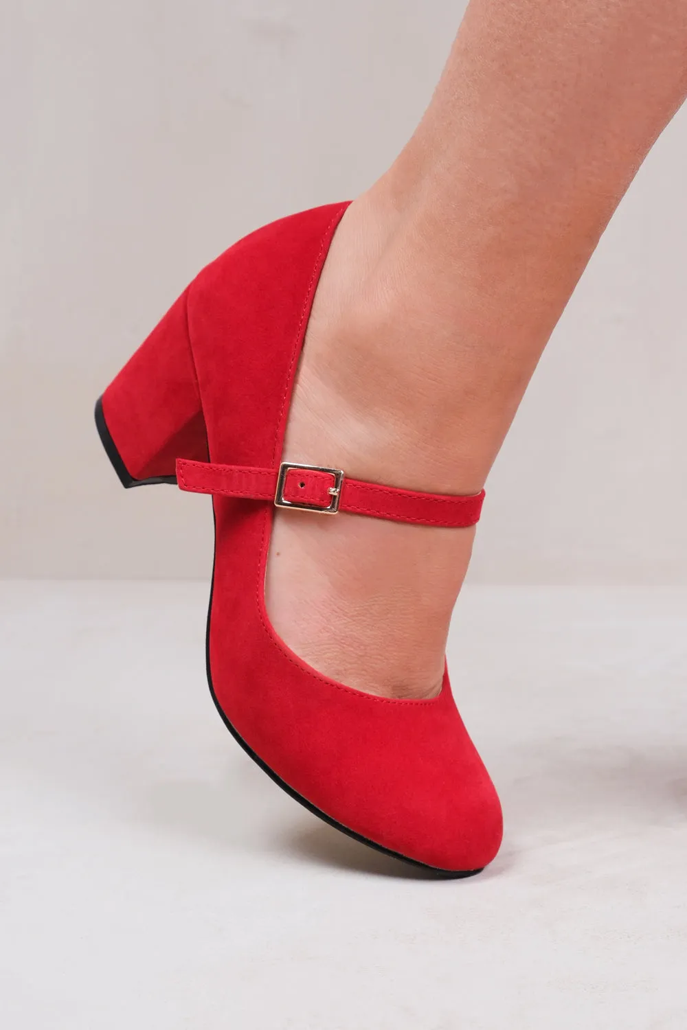 ARACELI BLOCK HEEL MARY JANE PUPMS IN ROUGE RED FAUX SUEDE