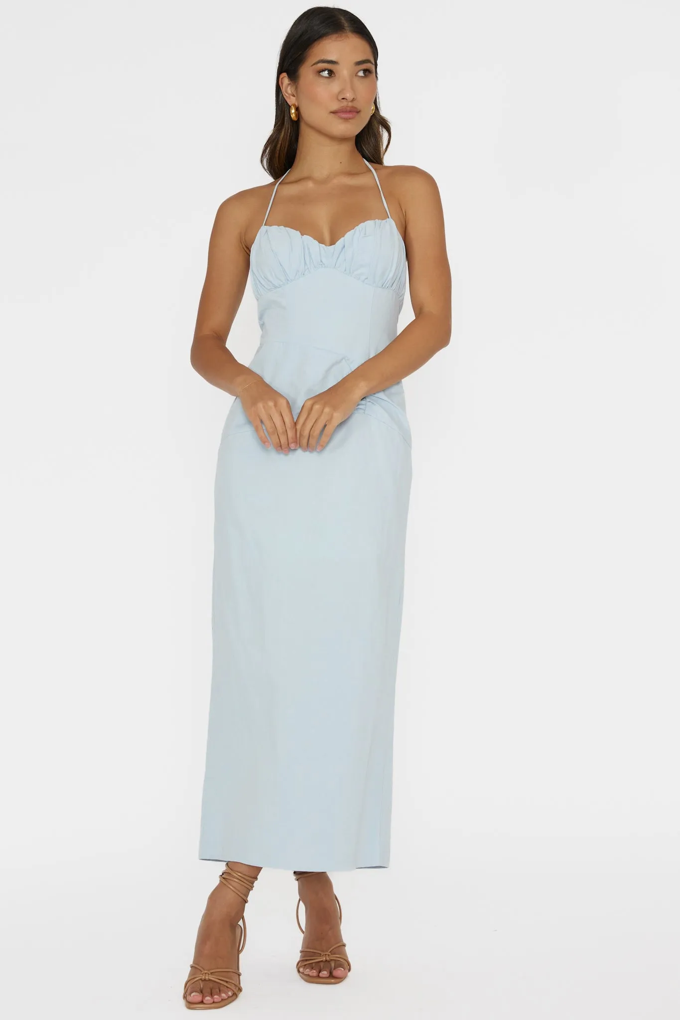 Arielle Gathered Bust Halterneck Midi Dress Pale Blue