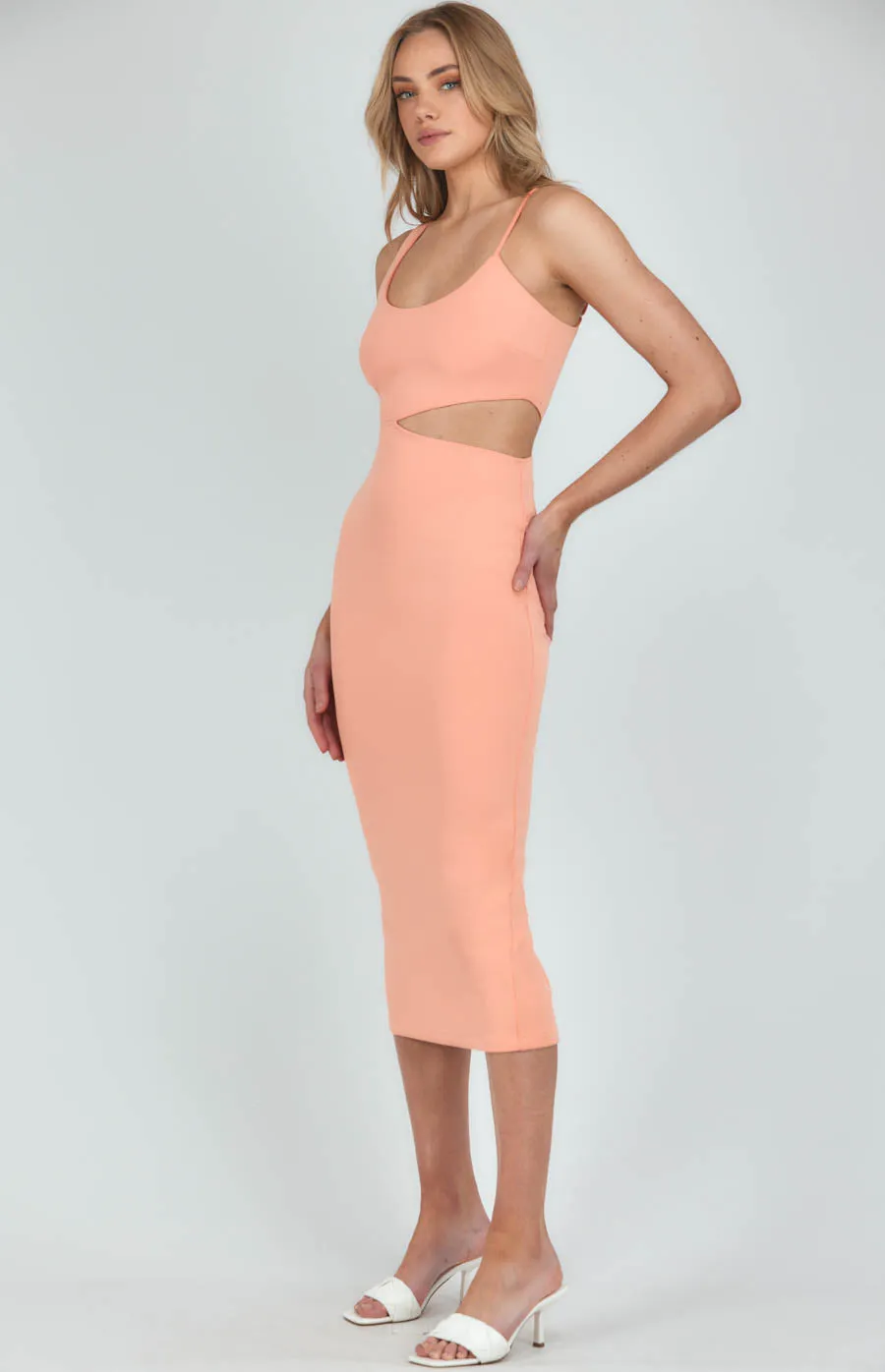 Asymmetrical Neckline Bodycon Dress With Cut Out Detail