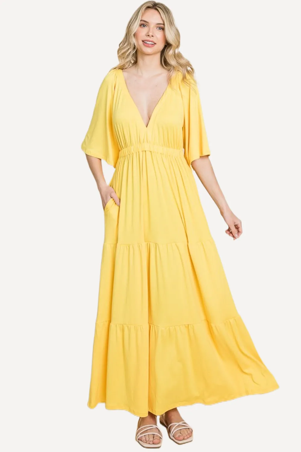 Backless Tiered Dress - Yellow