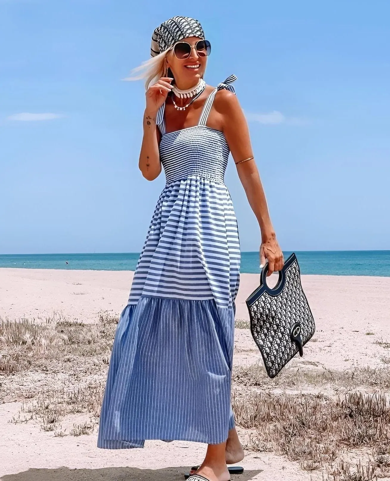 BerryBetty - Blue Tie Striped Ruffle Hem Cami Dress