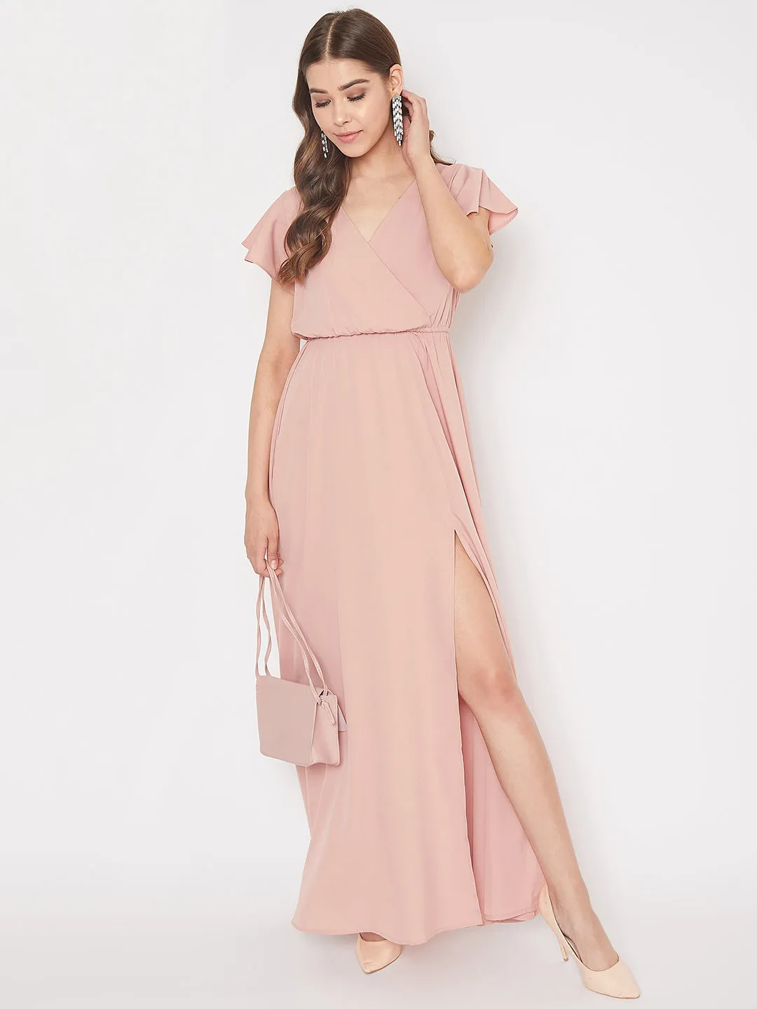 Berrylush Women Solid Pink V-Neck Thigh-High Slit Flared Maxi Dress