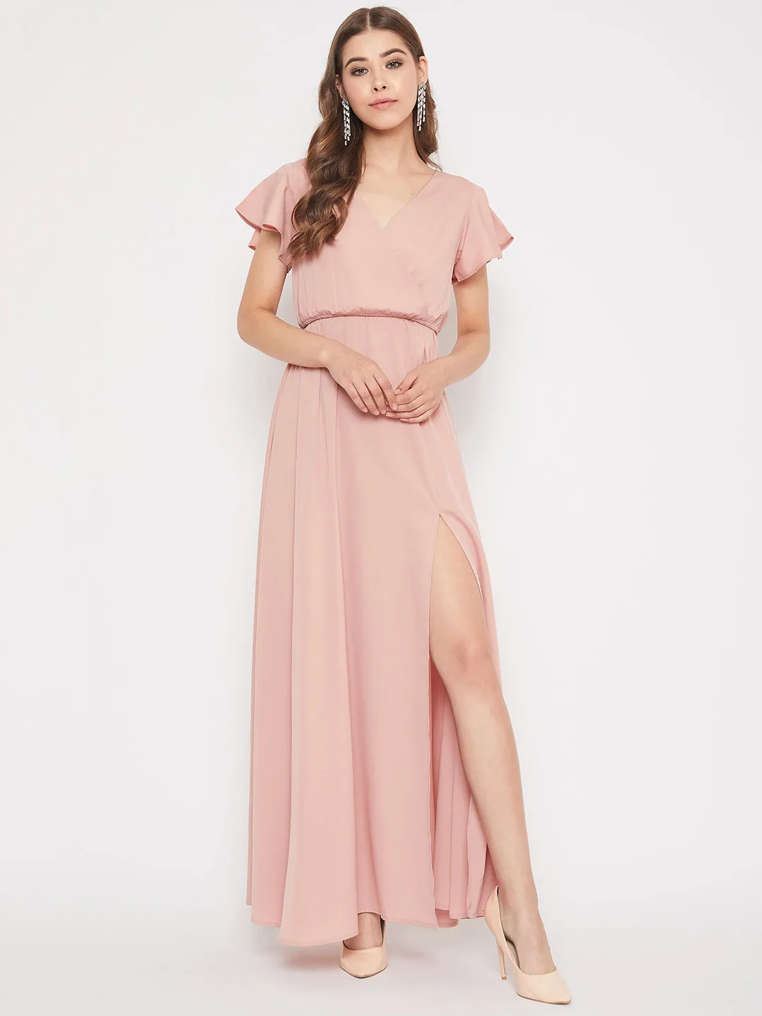 Berrylush Women Solid Pink V-Neck Thigh-High Slit Flared Maxi Dress