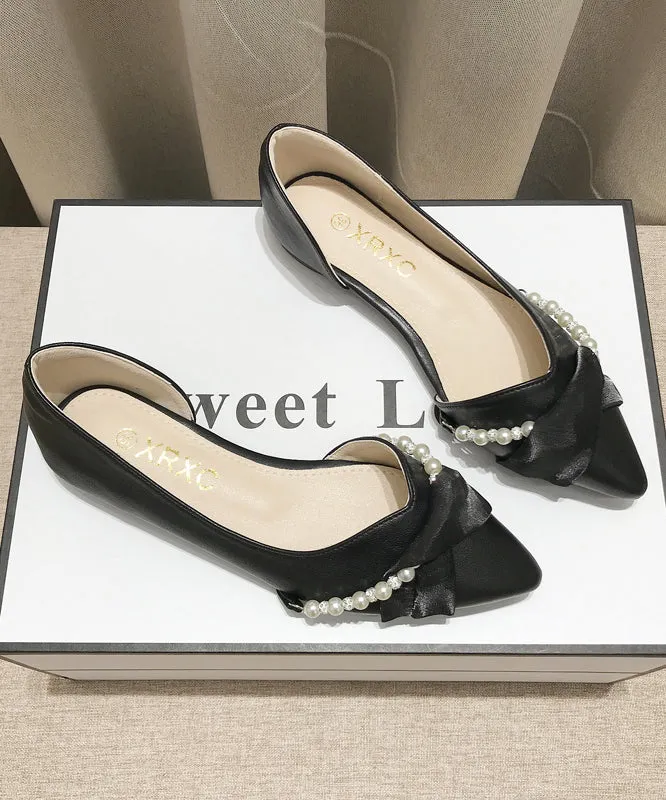 Black Bow Pearl Splicing Boutique Flat Shoes Pointed Toe XC1053