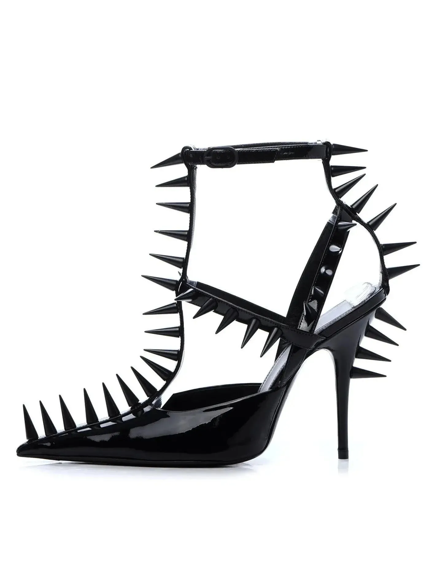 Black Extreme Studded Patent Vegan Leather Sandals