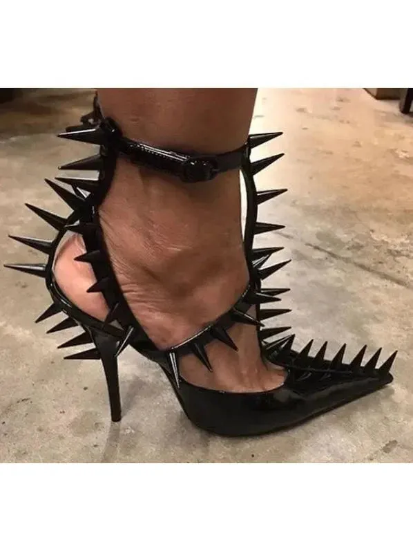 Black Extreme Studded Patent Vegan Leather Sandals