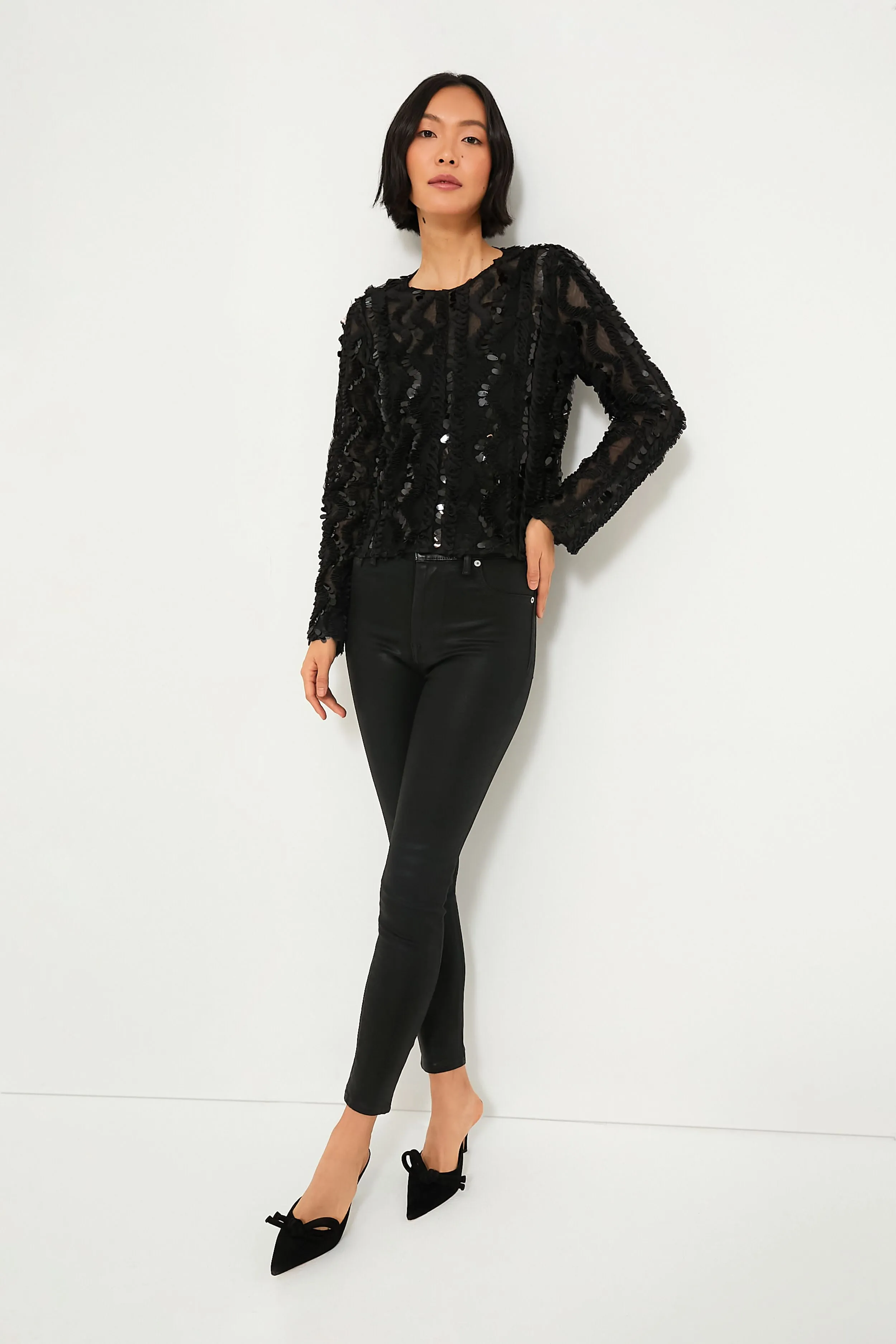 Black Sheer Sequined Long Sleeve Sutton Blouse