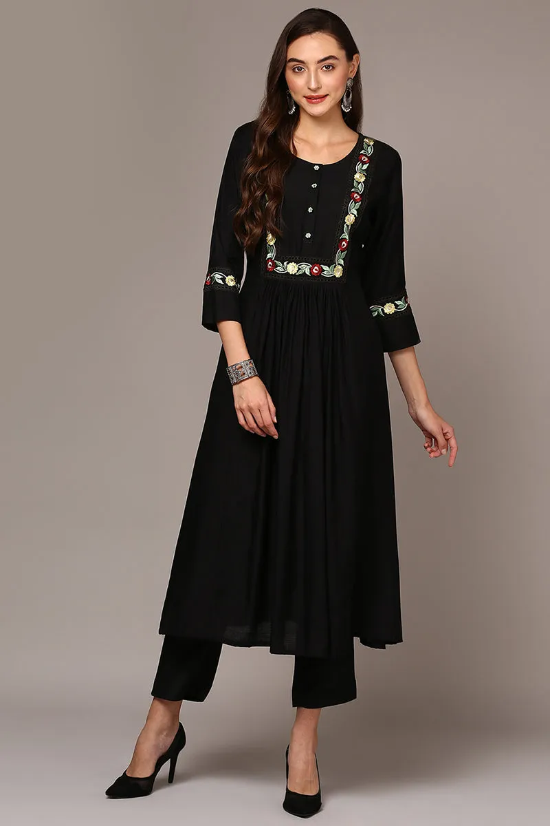 Black Viscose Rayon Embroidered Flared Kurta