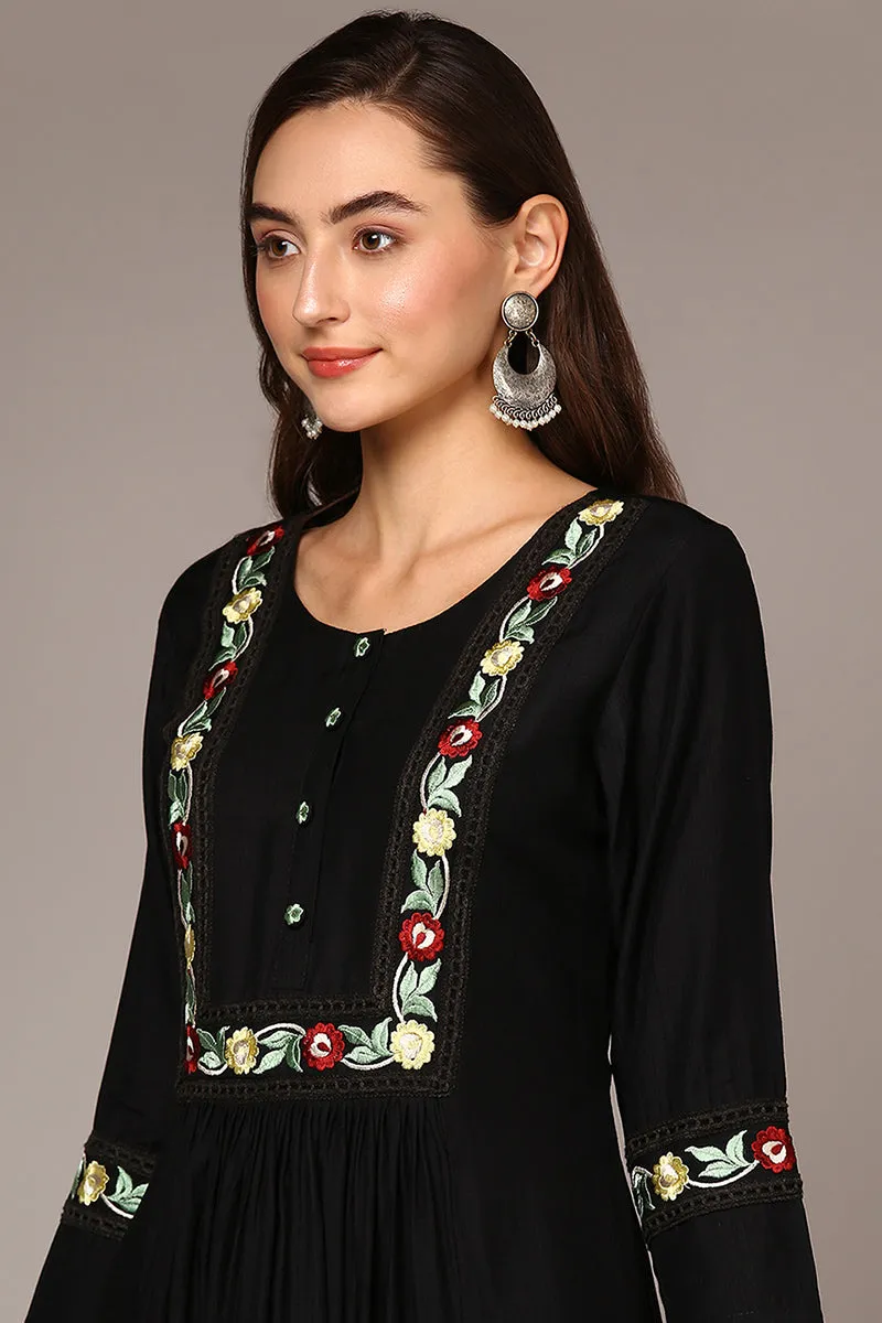 Black Viscose Rayon Embroidered Flared Kurta