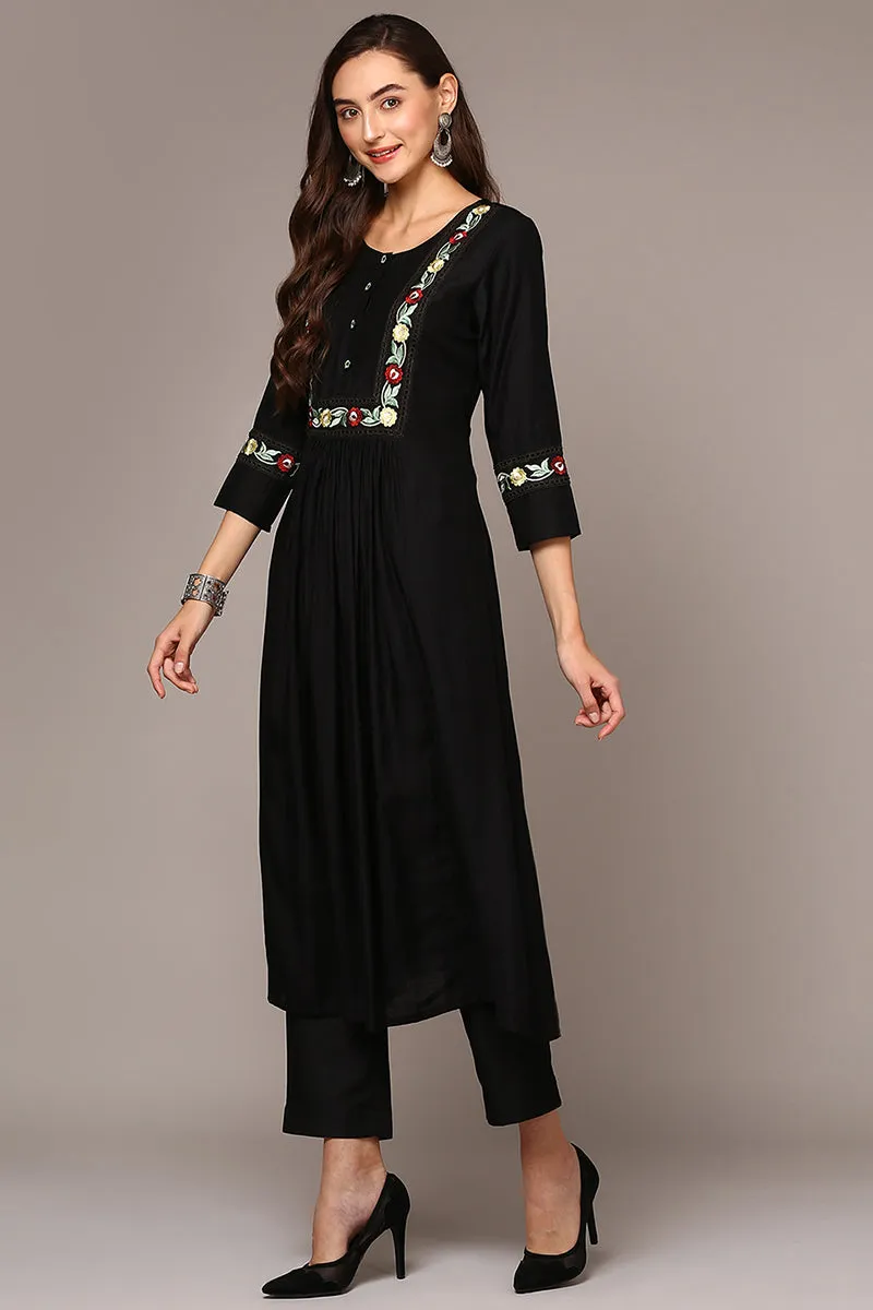 Black Viscose Rayon Embroidered Flared Kurta