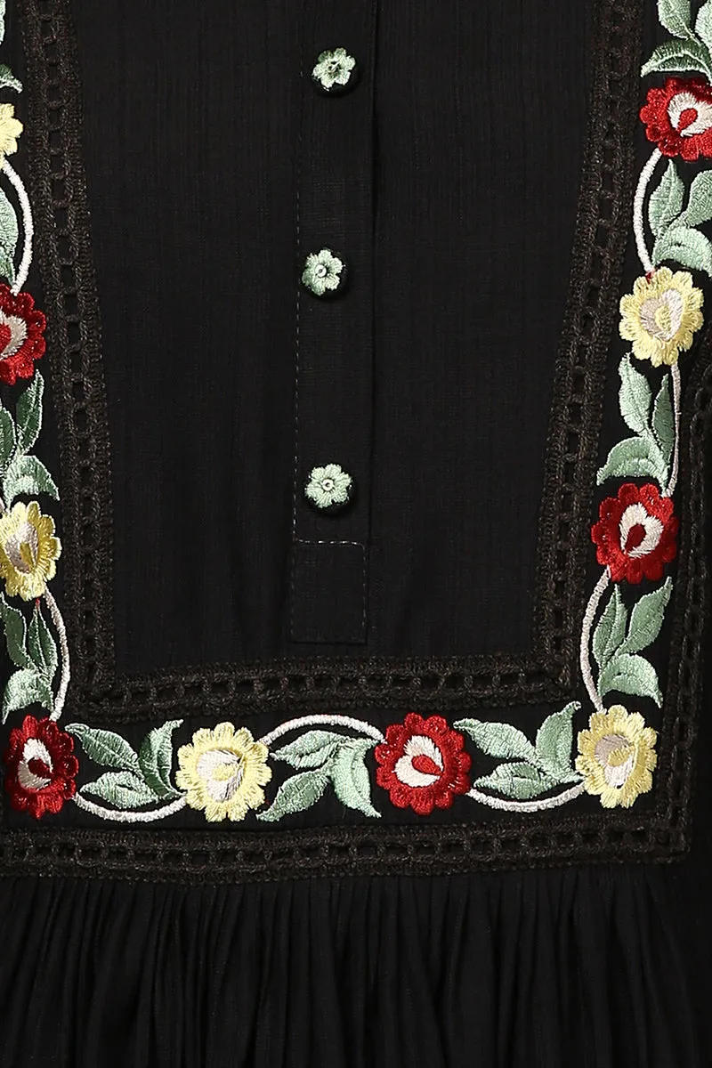 Black Viscose Rayon Embroidered Flared Kurta