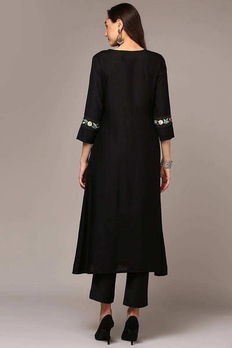 Black Viscose Rayon Embroidered Flared Kurta