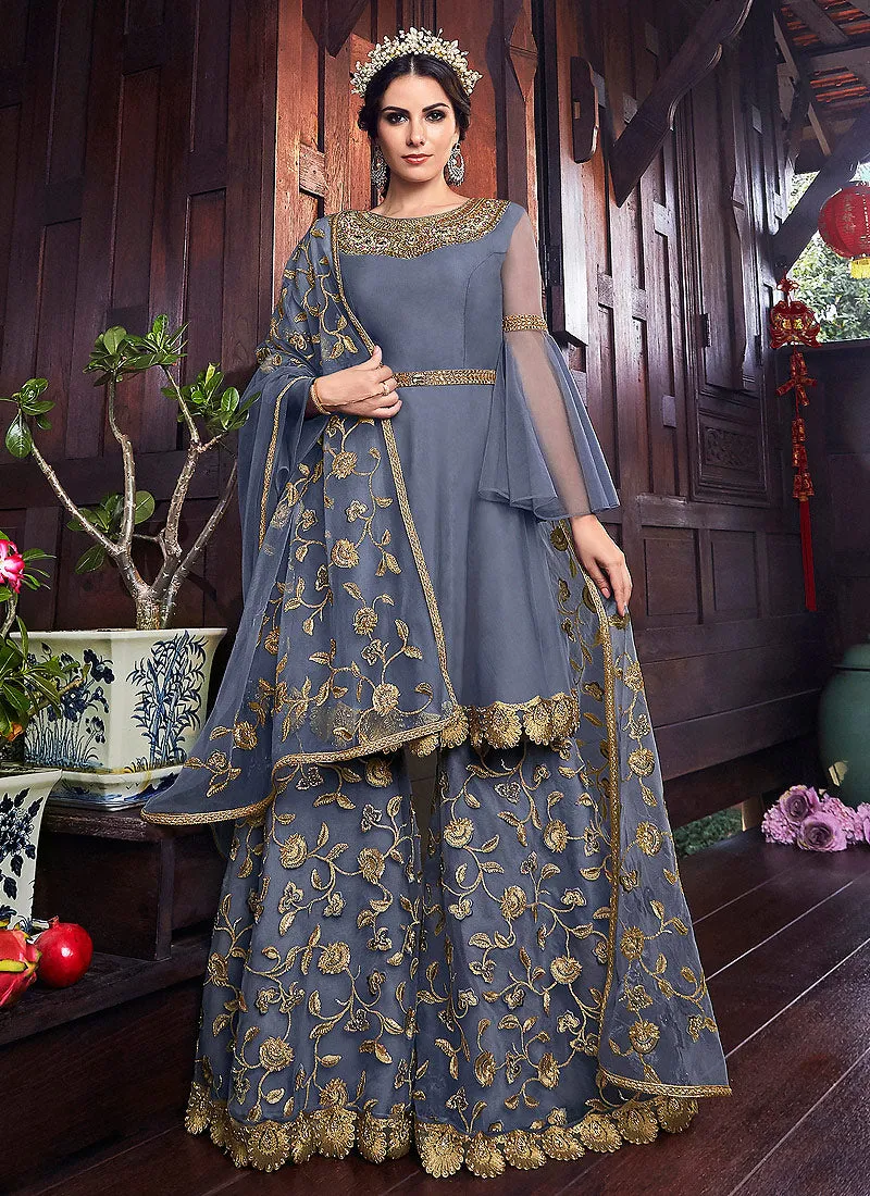 Blue Golden Embroidered Pakistani Sharara Suit