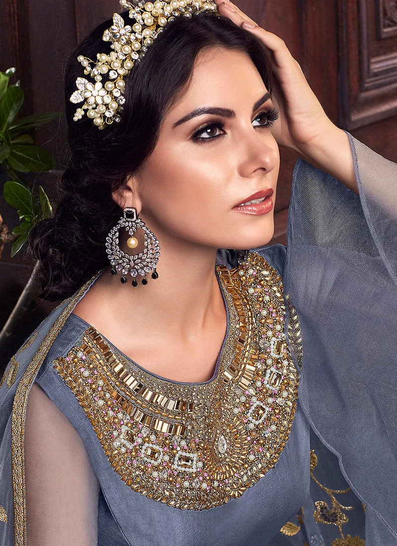 Blue Golden Embroidered Pakistani Sharara Suit