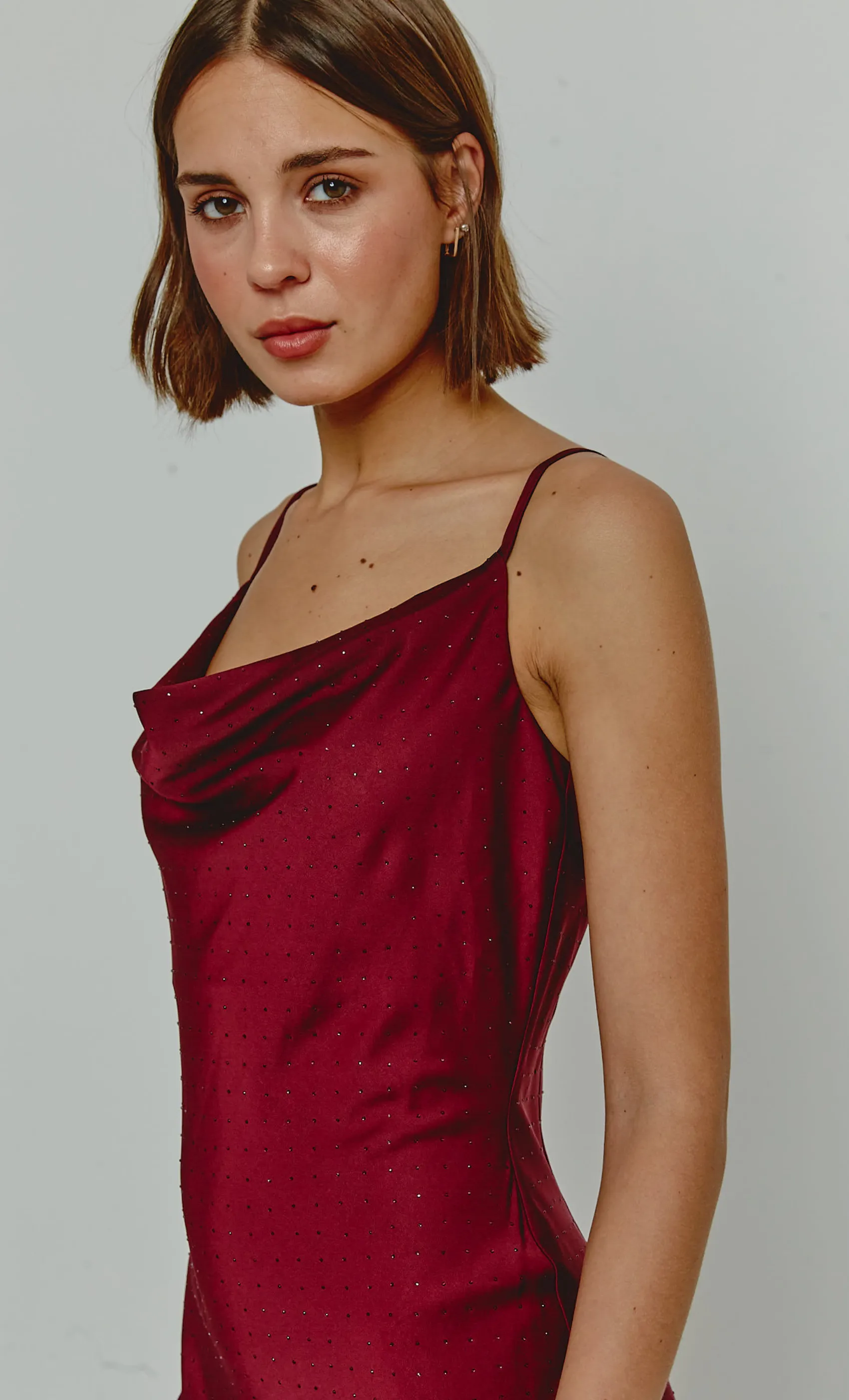 Burgundy Diamante Satin Slip Dress