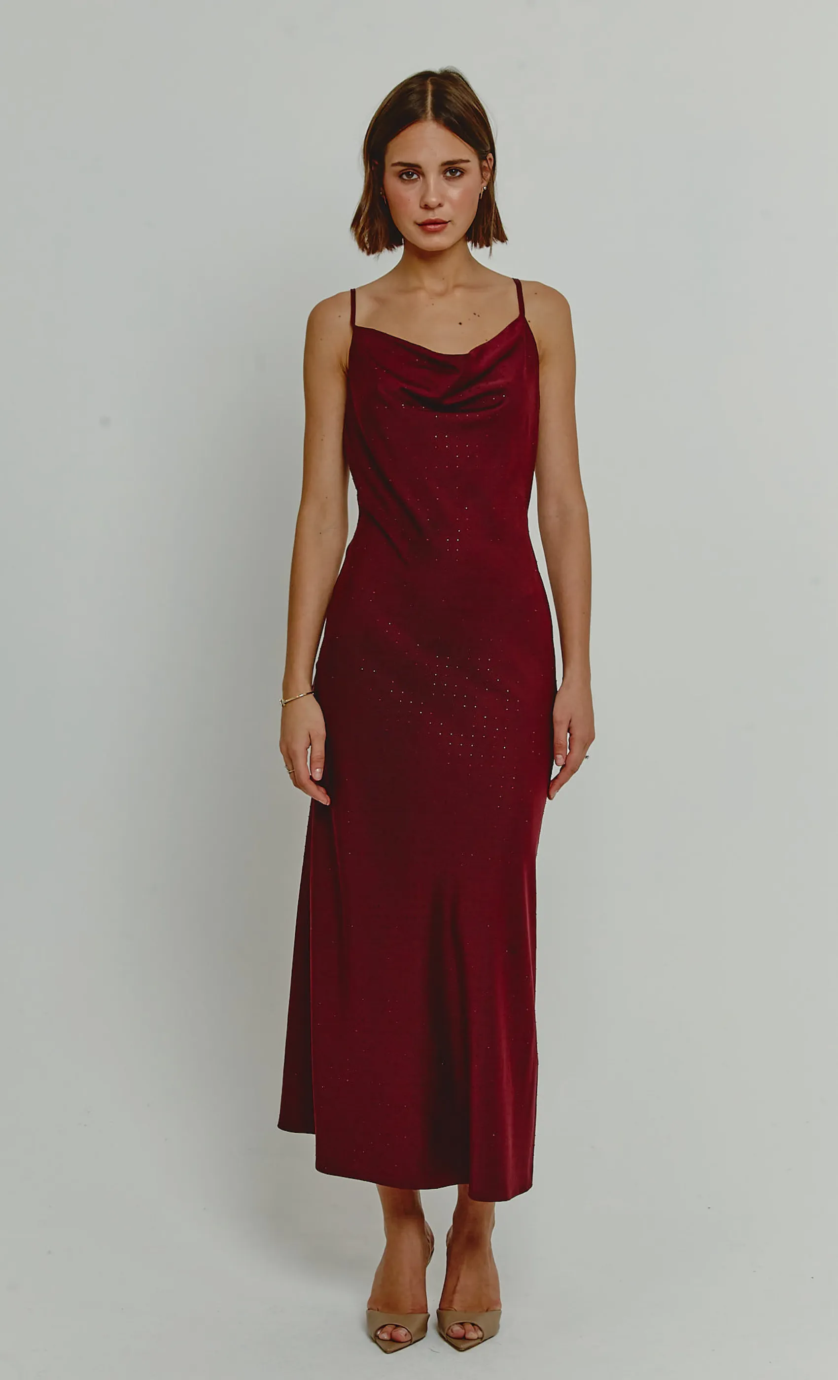 Burgundy Diamante Satin Slip Dress