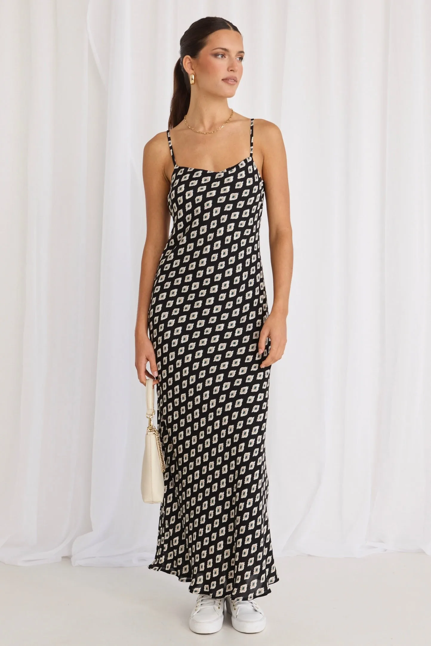 Camero Geo Spot Strappy Bias Maxi Dress