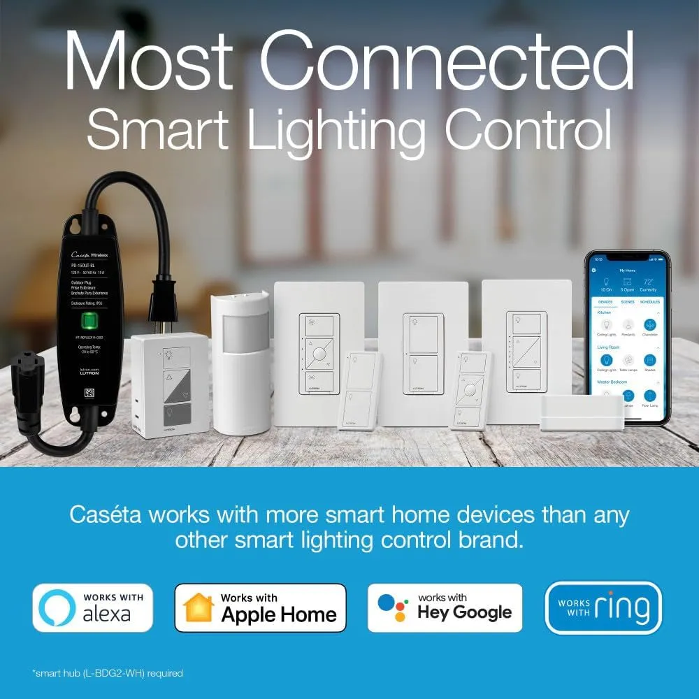 Caseta Smart Lighting Weatherproof  Outdoor Smart Plug for Lights and Motors, Works W/ Alexa, Apple Homekit, Google Home (Hub Required), 15A LED Fixtures & 1/2 HP Motors, PD-15OUT-BL, Black