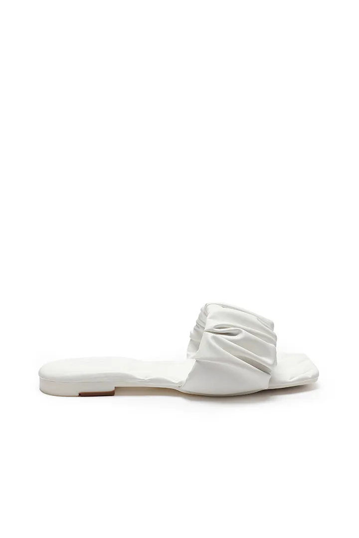 Choice Quilted Ruched Faux Leather Flat Mule Sandal White