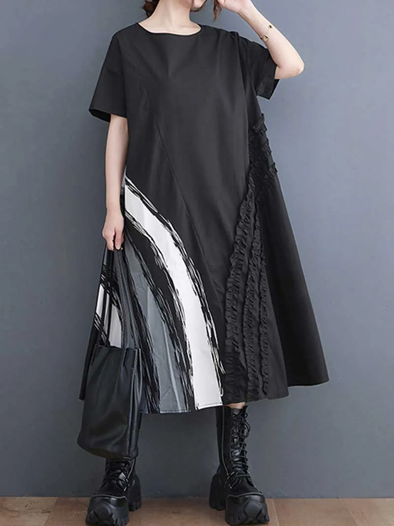 Cotton Short Sleeve Black A-Line Dress