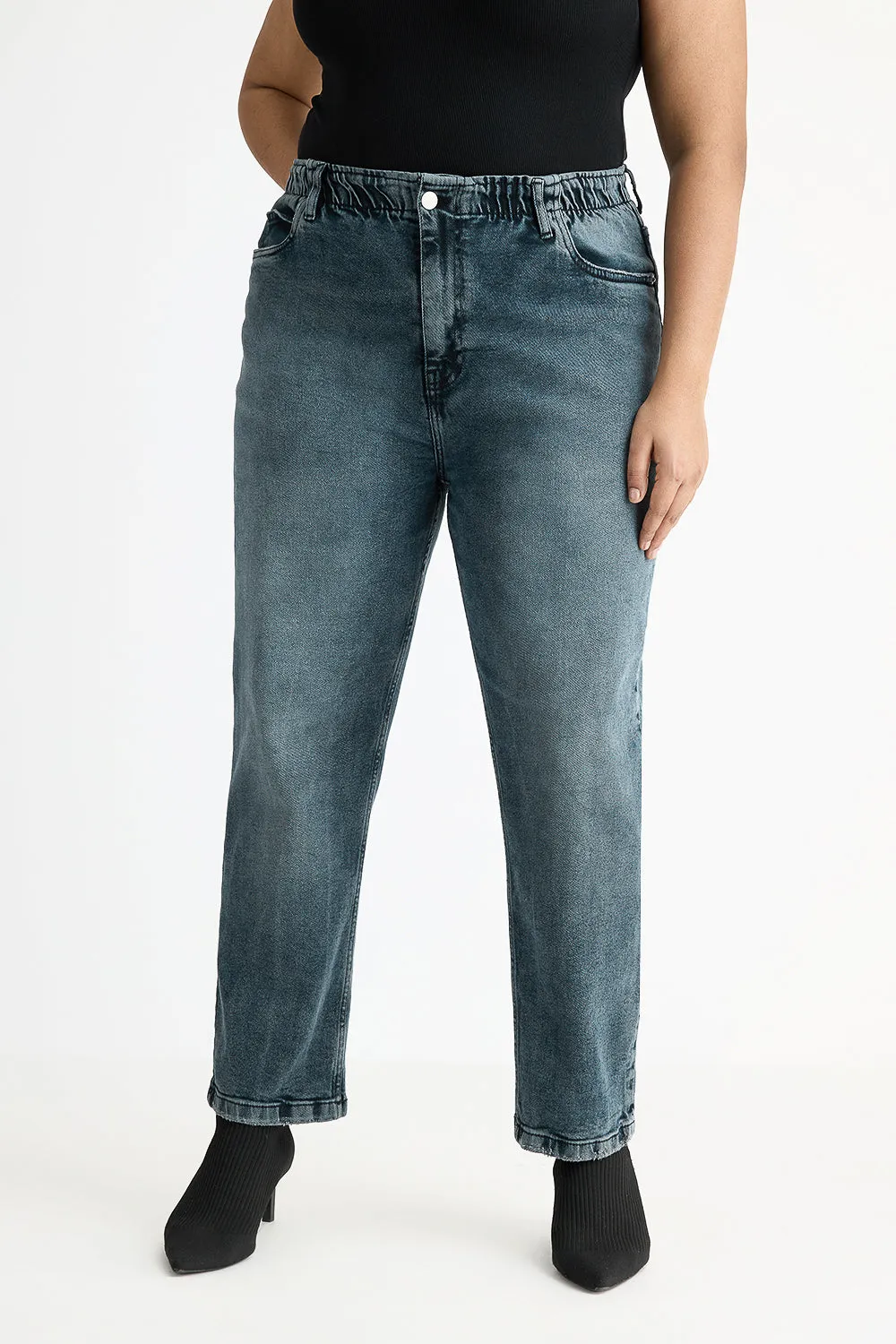 Curved Mid Charcoal Stretch Mom Jeans