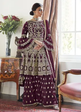 Deep Purple Beige Multi Embroidered Designer Gharara Suit