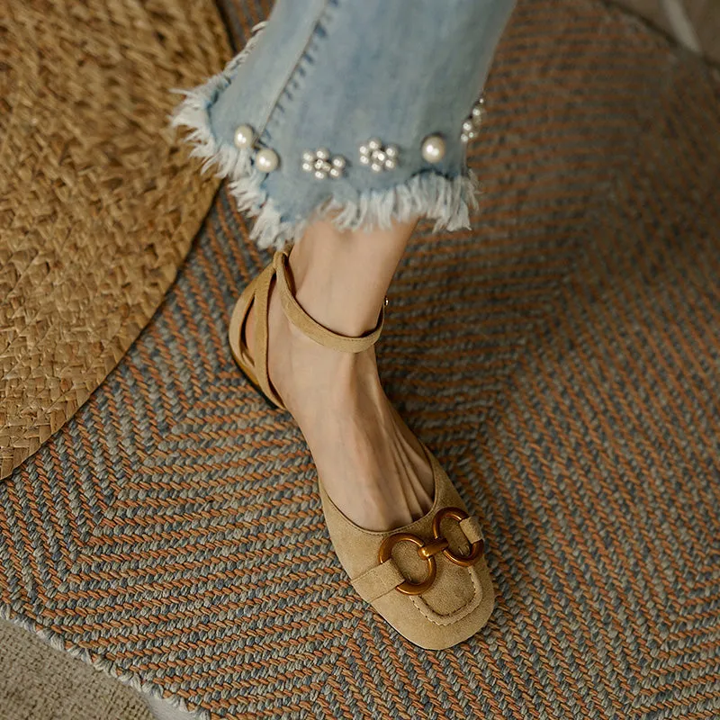 Dina Suede Handmade Ankle Strap Flats with Chain