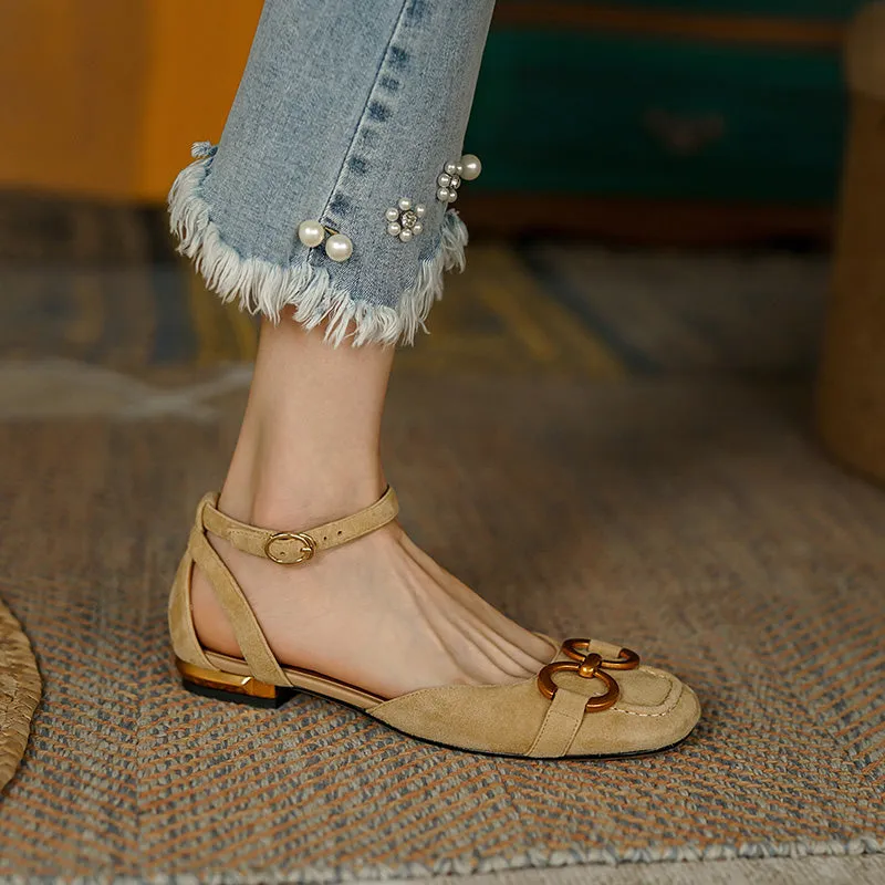 Dina Suede Handmade Ankle Strap Flats with Chain