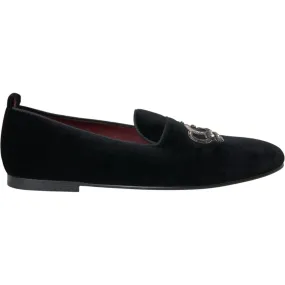 Dolce & Gabbana Black Velvet Crystal Crown Men Loafers Shoes