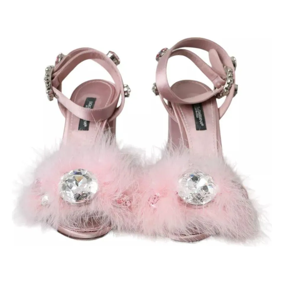 Dolce & Gabbana Pink Turkey Feather Crystal Sandals Shoes