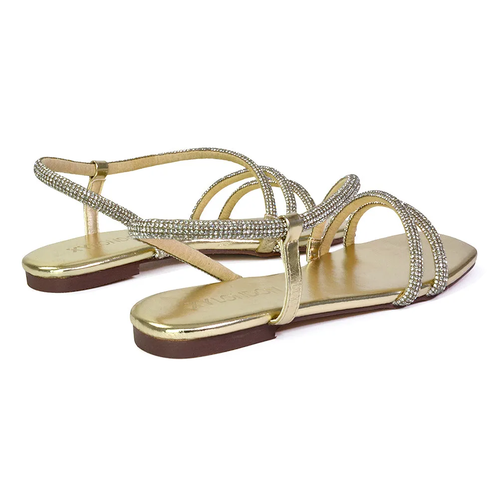 Dove Sparkly Low Heel Square Toe Strappy Diamante Flat Sandals in Gold