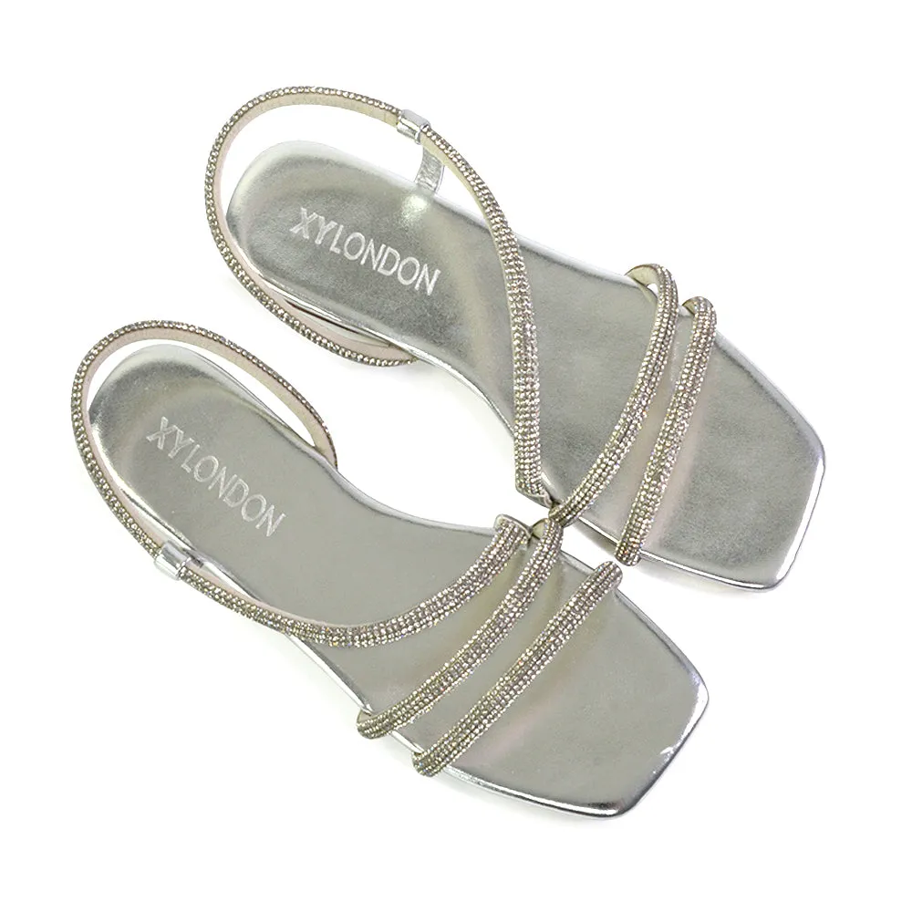 Dove Sparkly Low Heel Square Toe Strappy Diamante Flat Sandals in Gold