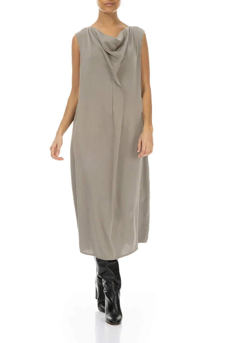 Drape Neck Sleeveless Silver Sage Silk Dress