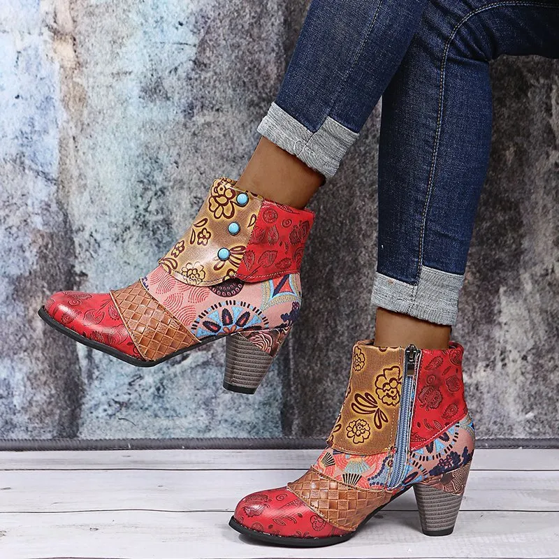 Fashion Floral Chunky Heel Ankle Boots