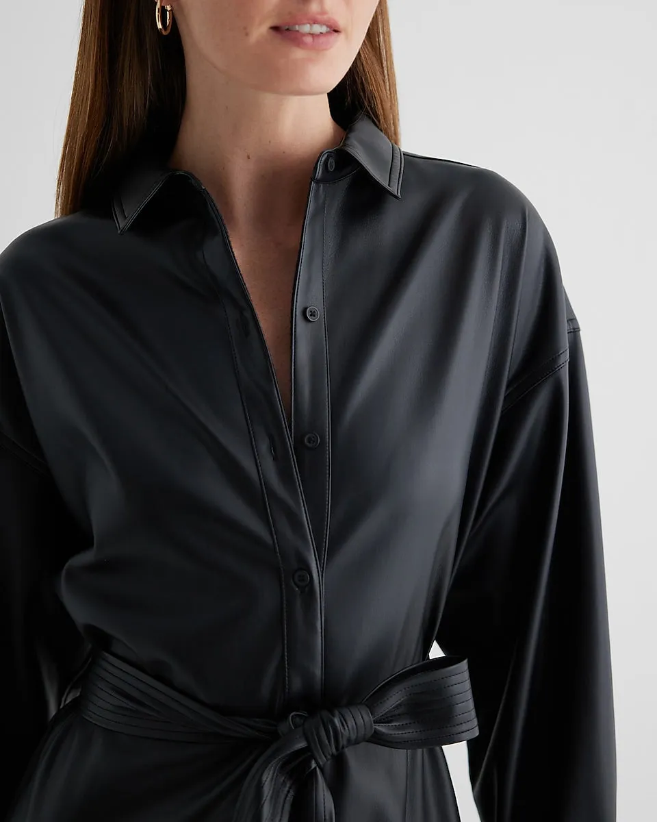 Faux Leather Boyfriend Midi Portofino Shirt Dress in Pitch Black